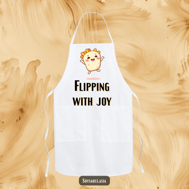 Funny tempura apron, smiling character, doing a bouncy leap with a delighted expression, a stylish and humorous kitchen accessory.
