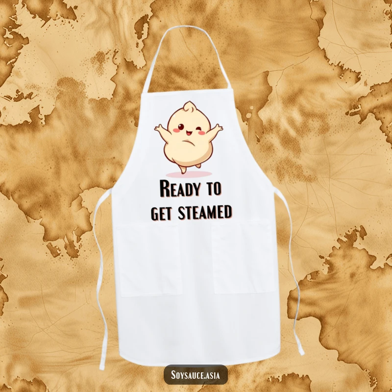 Funny apron featuring a dancing dumpling character twirling delightfully, perfect for chefs who enjoy a good wobble.
