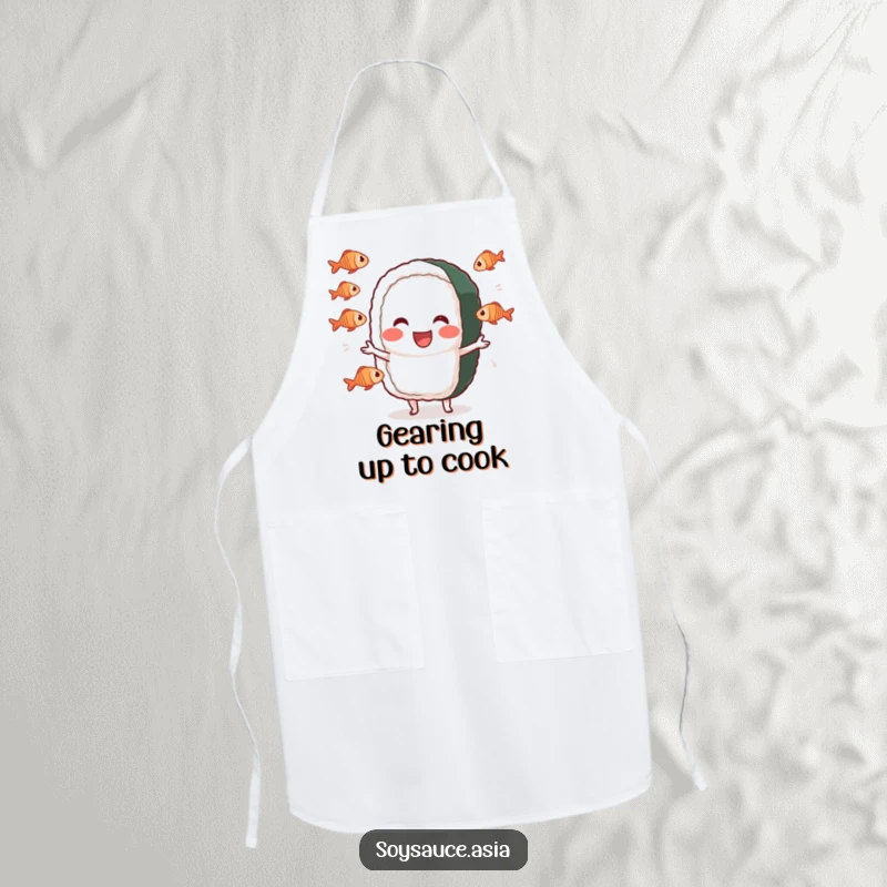 Funny sushi roll apron, cheerful character, performing a silly juggling act with tiny fish, a stylish and humorous kitchen accessory.