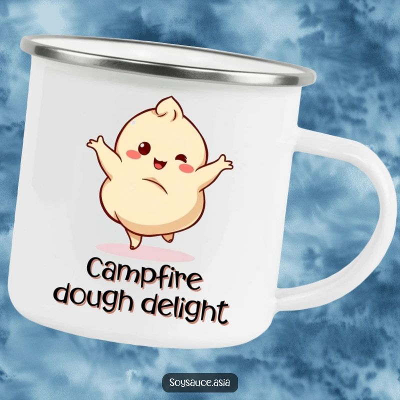 Funny camping mug featuring a dancing dumpling character twirling gracefully with a delighted wobble, ideal for outdoor fun.