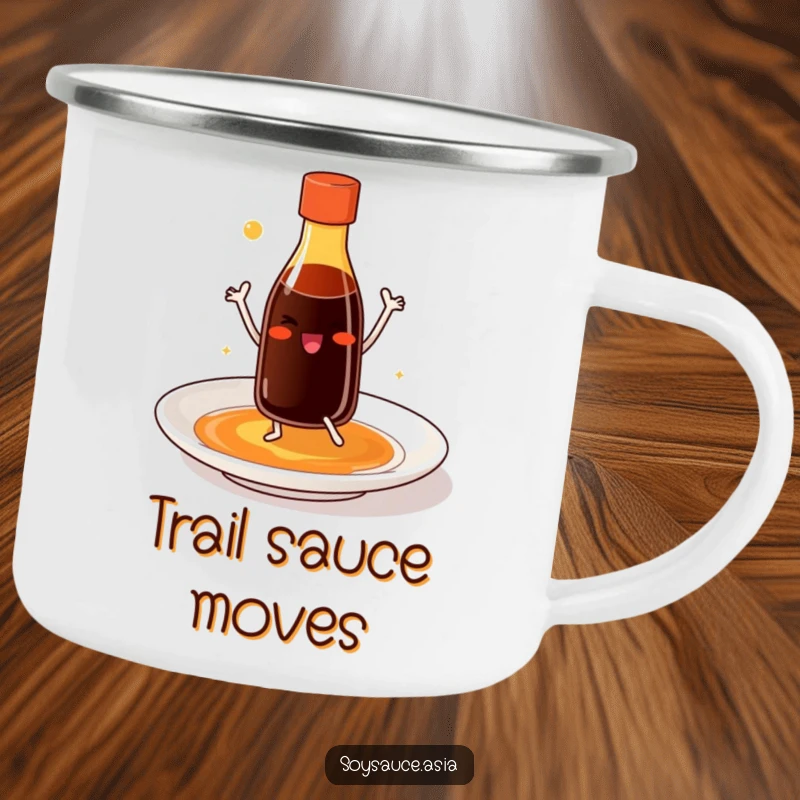 Funny soy sauce bottle camping mug with tiny legs, smiling and dancing joyfully on a plate, ideal for outdoor enjoyment.