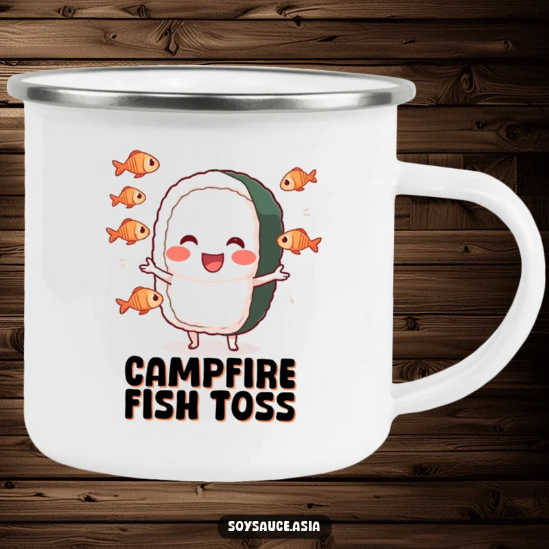 Funny sushi roll camping mug, cheerful character, performing a silly juggling act with tiny fish, ideal for outdoor enjoyment.