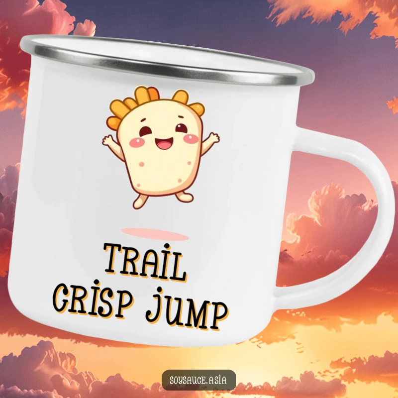 Funny tempura camping mug, smiling character, doing a bouncy leap with a delighted expression, ideal for outdoor enjoyment.