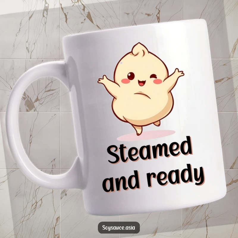 Funny mug featuring a dancing dumpling character gracefully twirling with a delightful, happy wobble.