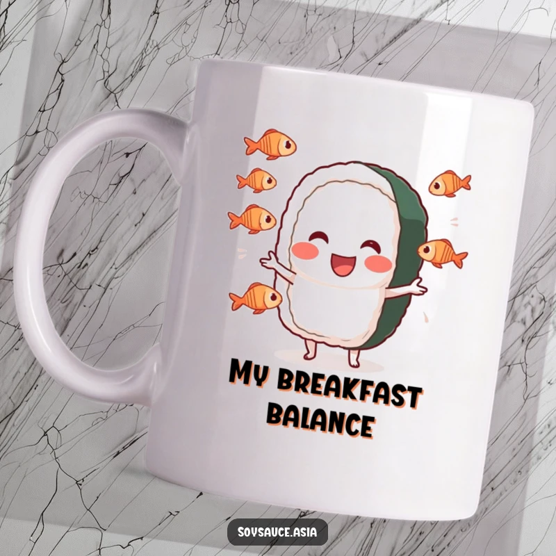 Funny sushi roll mug, cheerful character, performing a silly juggling act with tiny fish, capturing a whimsical moment.