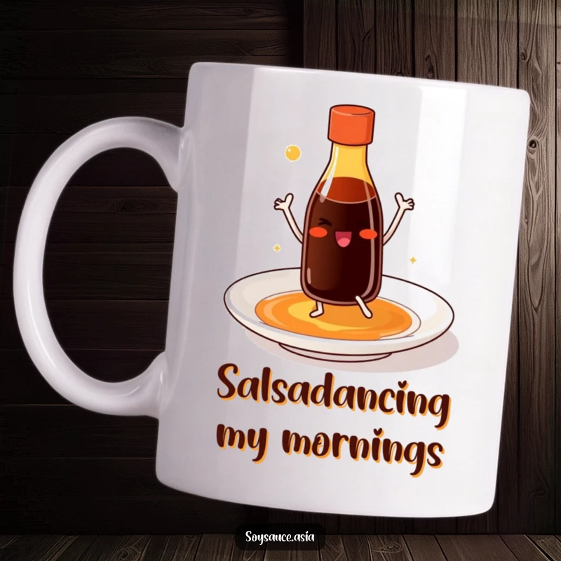 Funny soy sauce bottle mug with tiny legs, smiling and dancing joyfully on a plate, a whimsical culinary delight.