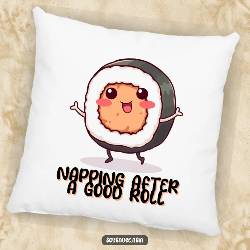 Funny Sushi Roll Pillow: A smiling sushi roll dances happily, offering plush comfort and a deliciously funny addition to any seating area.