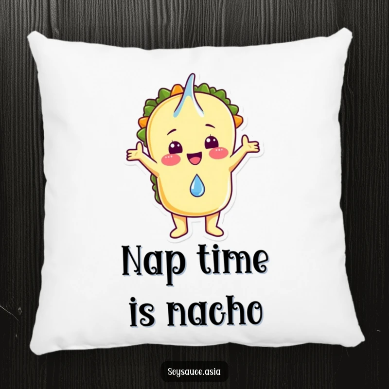 Funny pillow with a cheerful taco character joyfully embracing a falling raindrop, adding comfort and humor to decor.