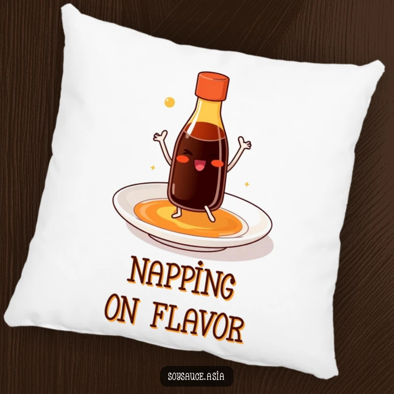 Funny soy sauce bottle pillow with tiny legs, smiling and dancing joyfully on a plate, a soft and humorous decorative item.