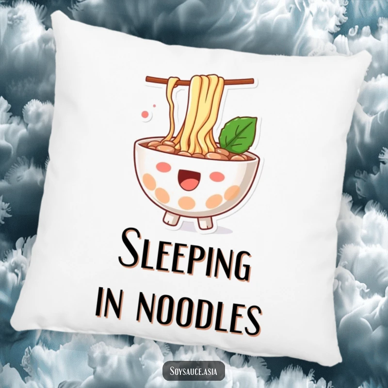 Funny ramen bowl pillow, happy character, with noodles playfully splashing out, a soft and humorous decorative item.