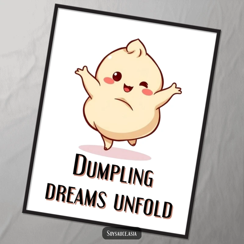 Funny digital art print of a dancing dumpling character performing a graceful twirl with a delighted wobble.
