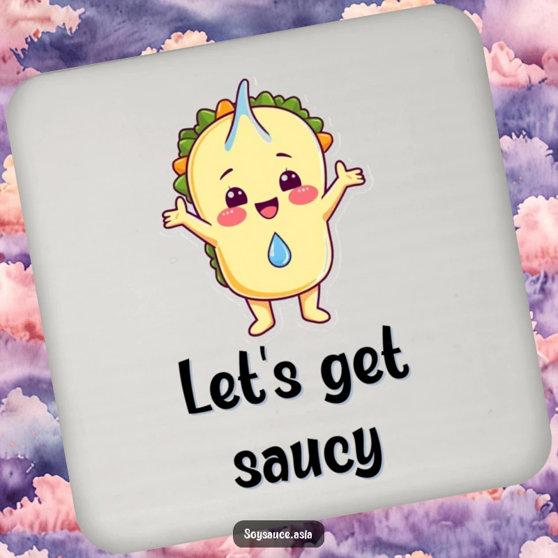 Funny drink coaster featuring a cheerful taco character embracing a falling raindrop, protecting surfaces with humor.