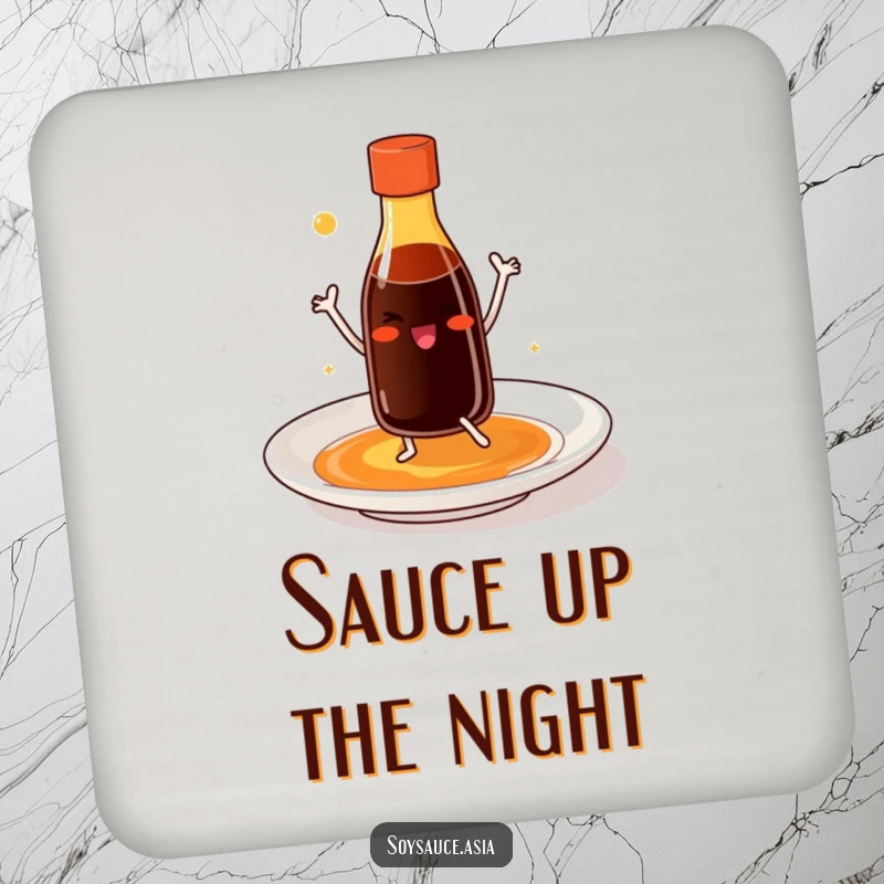 Funny soy sauce bottle coaster with tiny legs, smiling and dancing joyfully on a plate, protecting surfaces with humor.