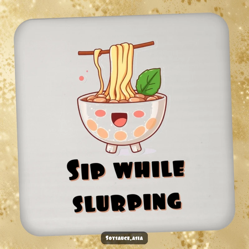 Funny ramen bowl coaster, happy character, with noodles playfully splashing out, protecting surfaces with humor.