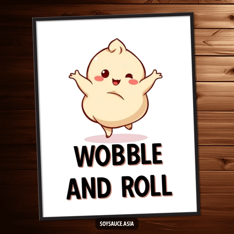 Funny poster art of a dancing dumpling character performing a graceful twirl with a happy, delighted wobble.