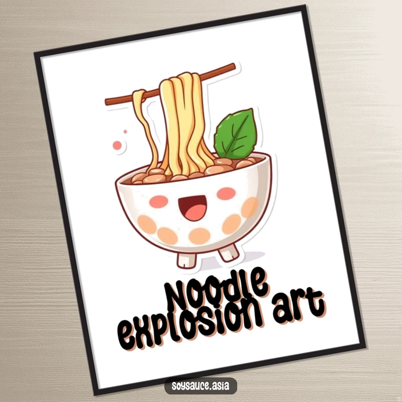 Funny ramen bowl poster, happy character, with noodles playfully splashing out, a cheerful and artistic wall decoration.