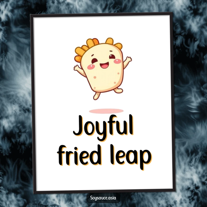 Funny tempura poster, smiling character, doing a bouncy leap with a delighted expression, a cheerful and artistic wall decoration.