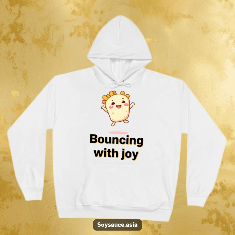 Funny tempura hoodie, smiling character, doing a bouncy leap with a delighted expression, a warm and humorous apparel piece.