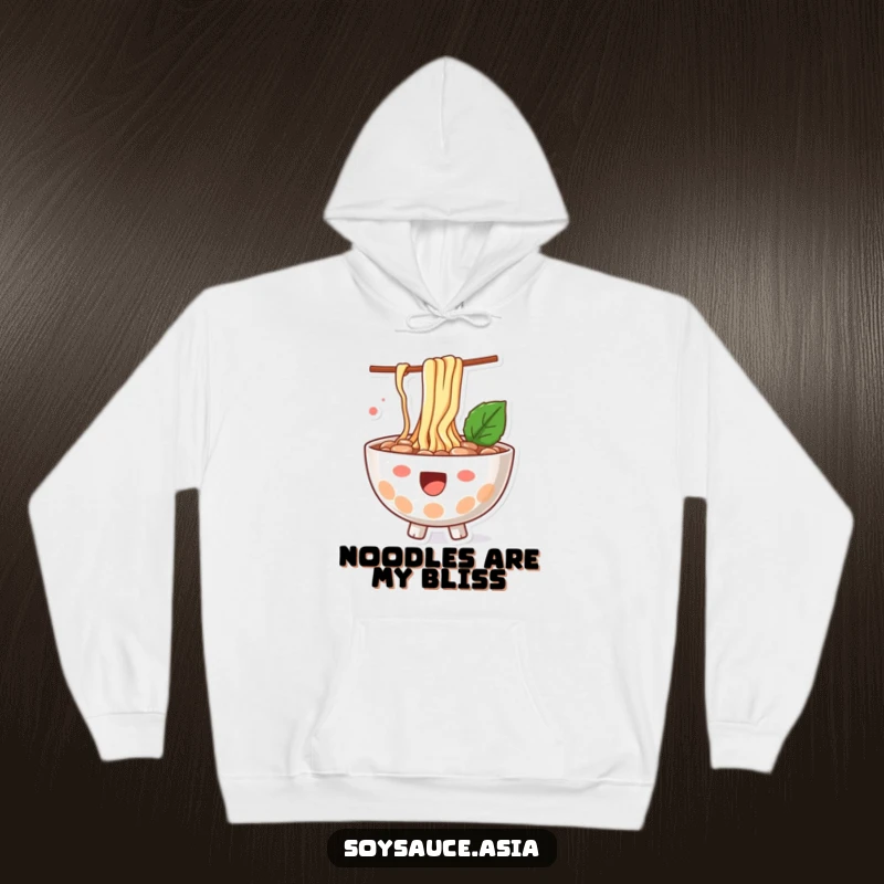 Funny ramen bowl hoodie, happy character, with noodles playfully splashing out, a warm and humorous apparel piece.