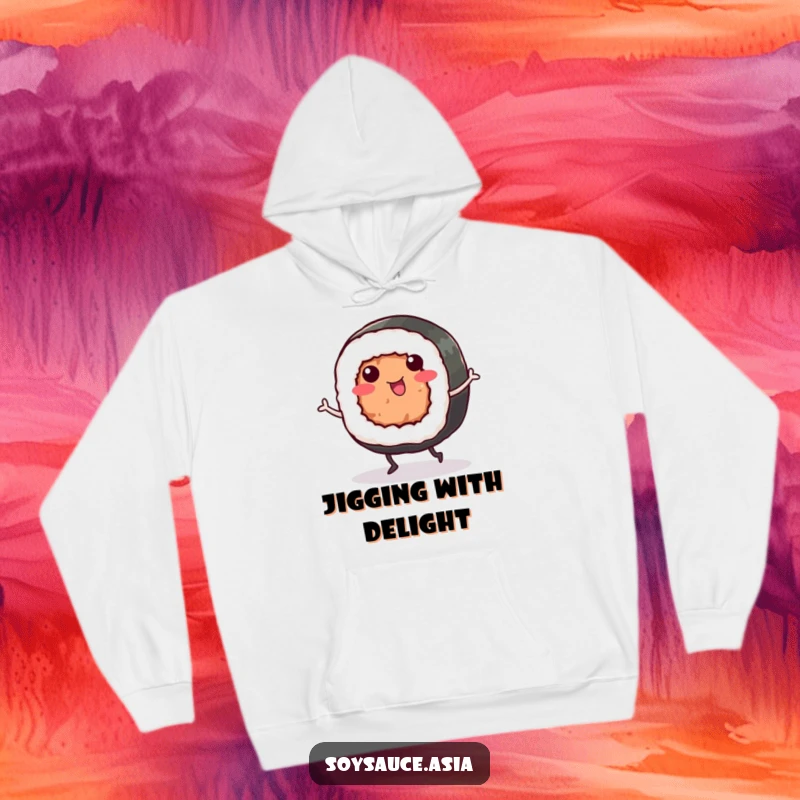Funny Sushi Roll Hoodie: A smiling sushi roll with tiny legs dances joyfully, offering cozy comfort and a delicious dose of humor.