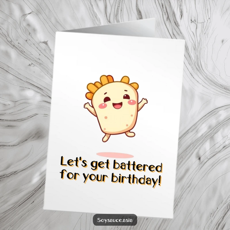 Funny Free Printable Birthday Card: Smiling tempura piece doing a bouncy leap with delight