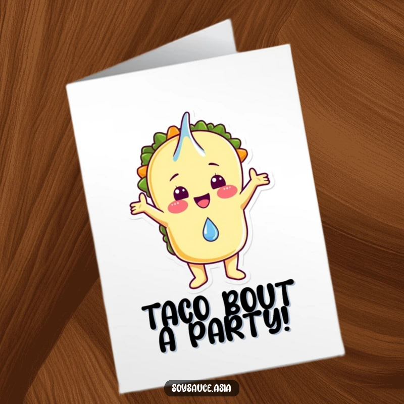 Funny free printable birthday card featuring a jubilant taco character joyfully catching a single falling drop.