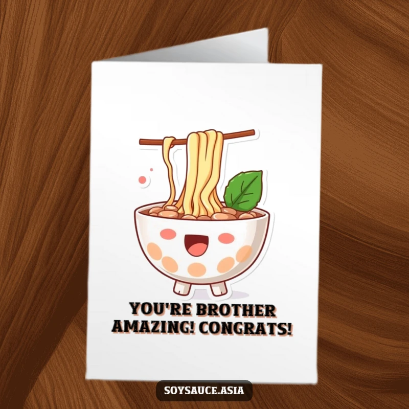 Funny Free Printable Congrats Card: Ramen bowl character with noodles splashing out in celebration