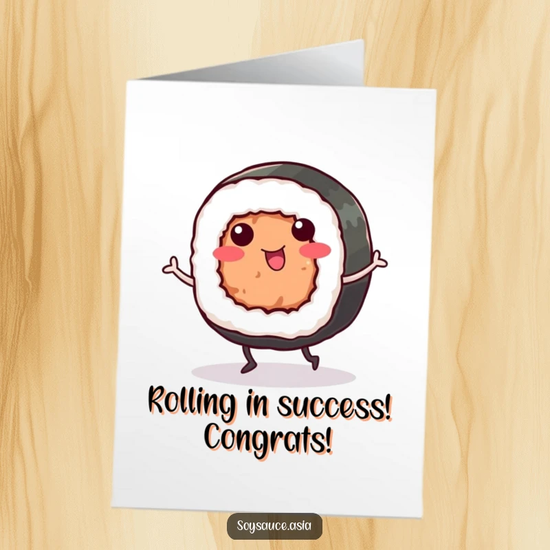 Funny Free Printable Congratulations Card: Smiling sushi roll does a happy jig, a downloadable celebration.
