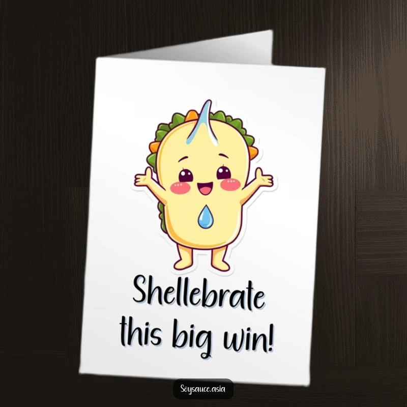 Funny free printable congratulations card showing a cheerful taco character happily embracing a falling drop.