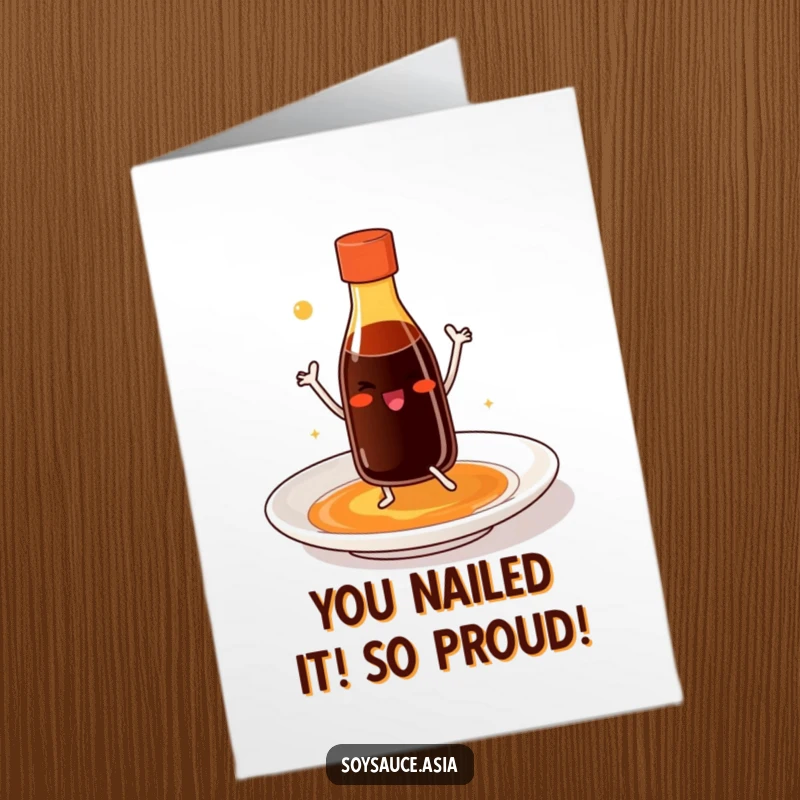 Funny Free Printable Congrats Card: Joyful soy sauce bottle with tiny legs dancing on a plate