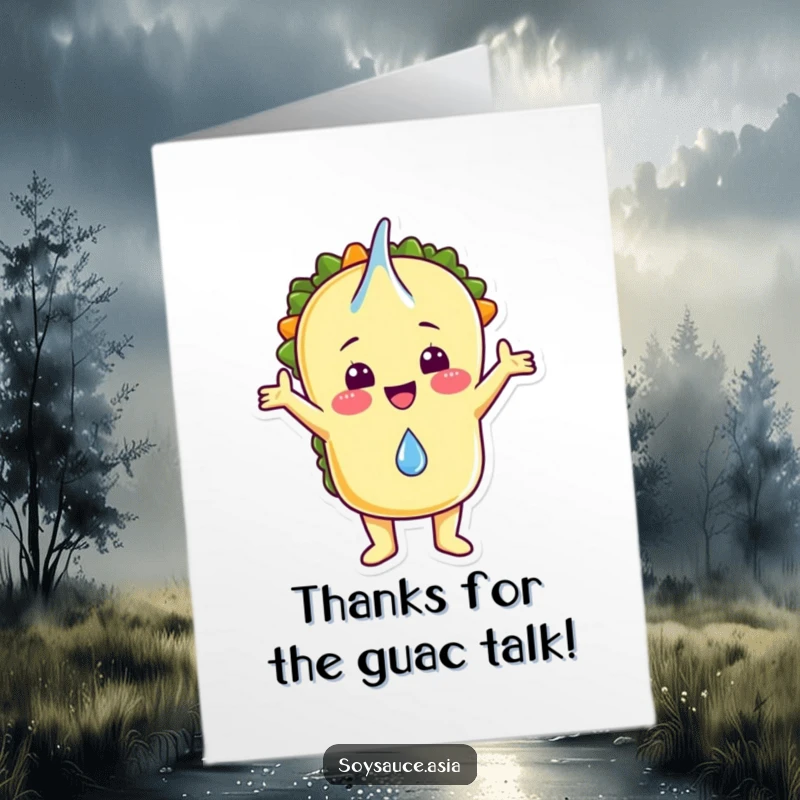 Funny free printable thank you card featuring a happy taco character with open arms ready for a drop.