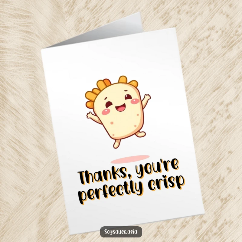 Funny Free Printable Thank You Card: Smiling tempura piece doing a happy bouncy leap