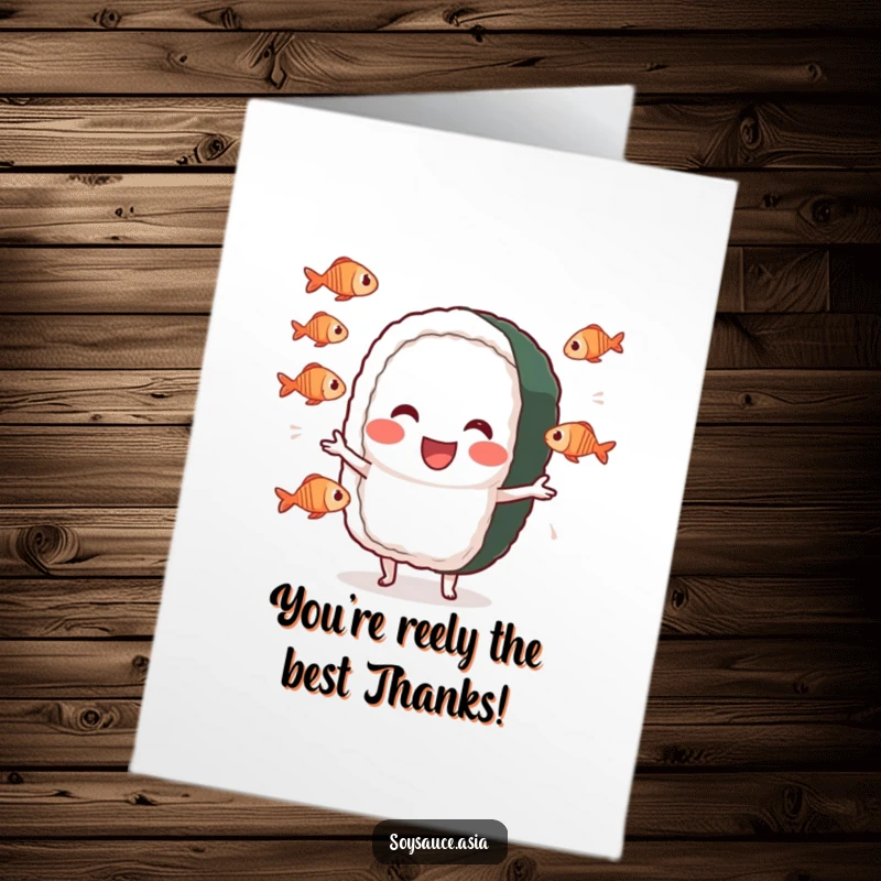 Funny Free Printable Thank You Card: Sushi roll character juggling tiny fishes with a smile