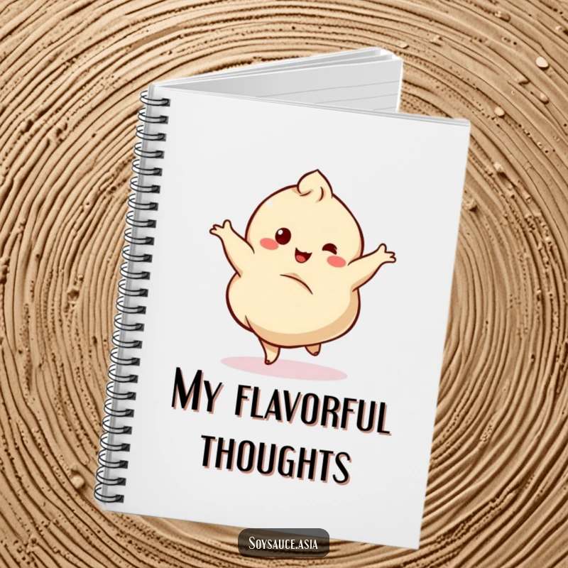 Funny notebook cover with a dancing dumpling character performing a graceful twirl with a happy wobble.