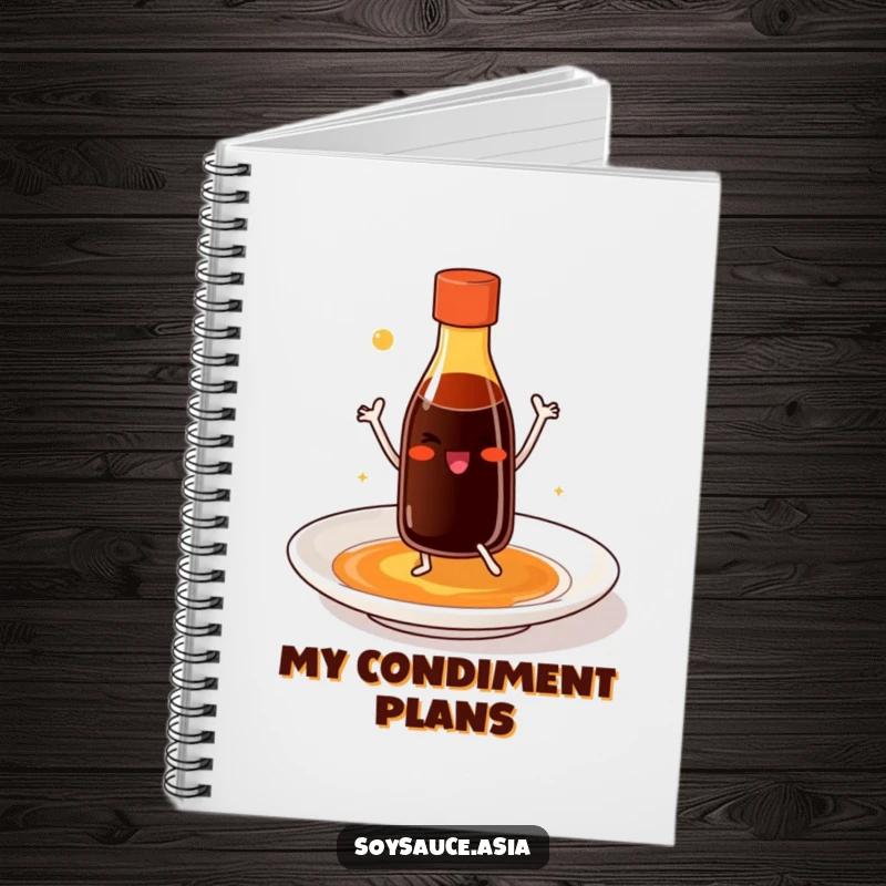 Funny soy sauce bottle notebook with tiny legs, smiling and dancing joyfully on a plate, perfect for recipes and journaling.