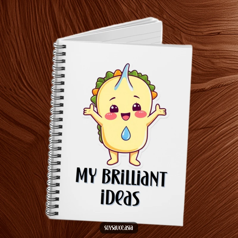 Funny notebook cover with a cheerful taco character joyfully embracing a falling raindrop, perfect for note-taking enthusiasts.