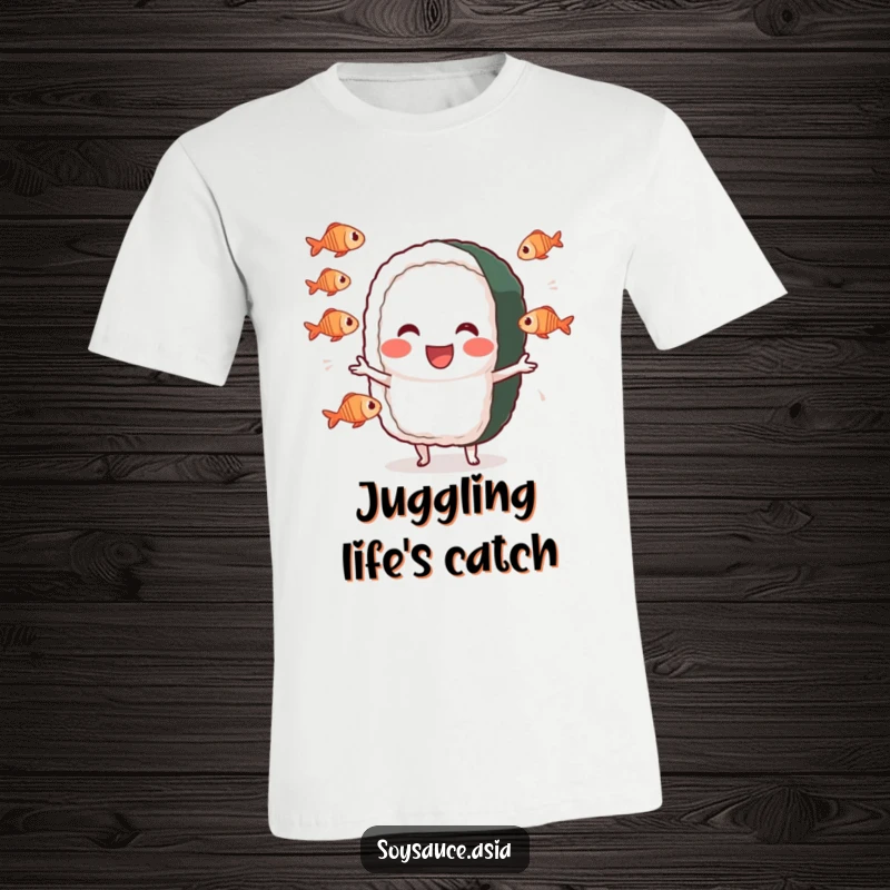 Funny sushi roll t-shirt, cheerful character, performing a silly juggling act with tiny fish, a whimsical and wearable art piece.