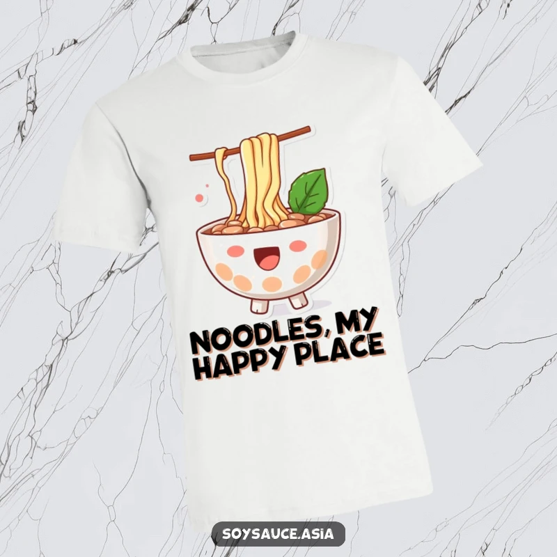 Funny ramen bowl t-shirt, happy character, with noodles playfully splashing out, a cheerful and relatable foodie design.