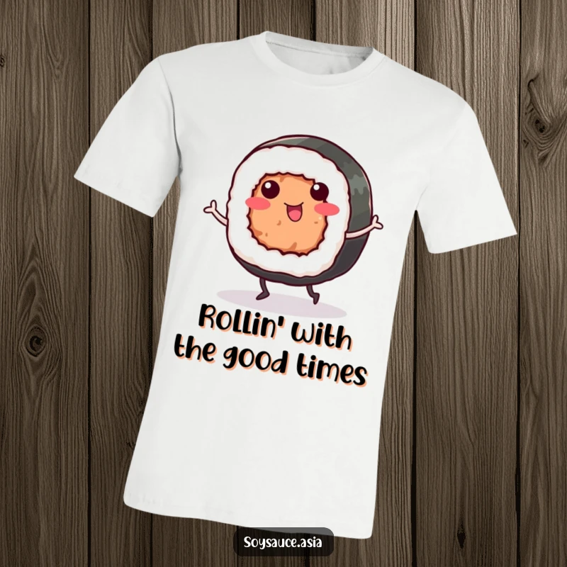 Funny Sushi Roll T-Shirt: A cheerful sushi roll with small legs performs a happy dance, celebrating food and fun with a smile.