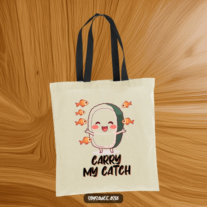Funny sushi roll tote bag, cheerful character, performing a silly juggling act with tiny fish, a functional and artistic accessory.