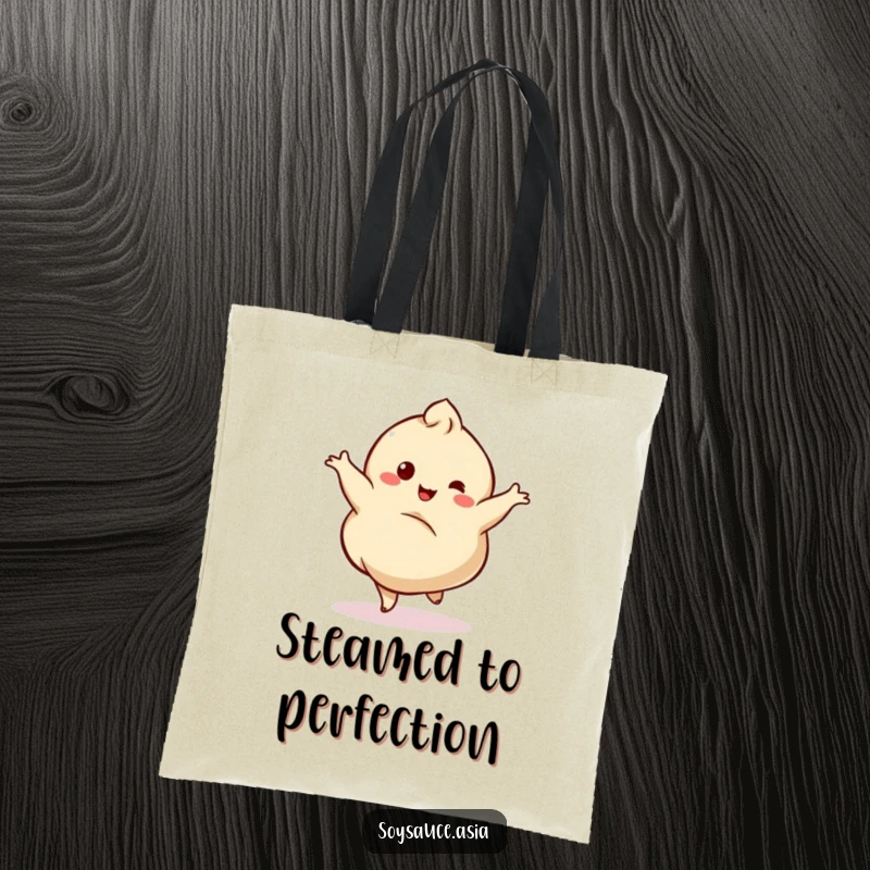 Funny tote bag showcasing a dancing dumpling character mid-twirl with a delighted wobble, perfect for daily use.