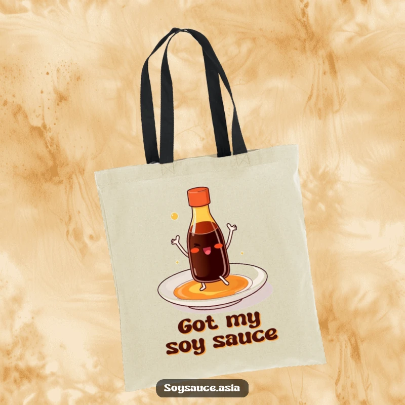 Funny soy sauce bottle tote bag with tiny legs, smiling and dancing joyfully on a plate, a functional and cheerful accessory.
