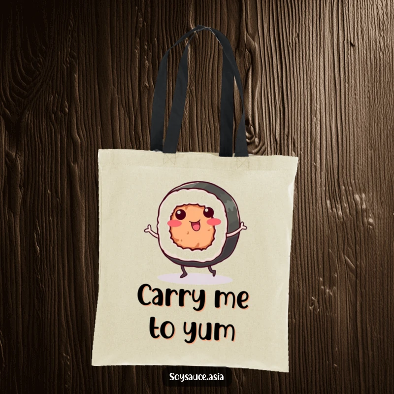 Funny Sushi Roll Tote Bag: A smiling sushi roll dances happily, making this tote a humorous and practical accessory for carrying all your goodies.