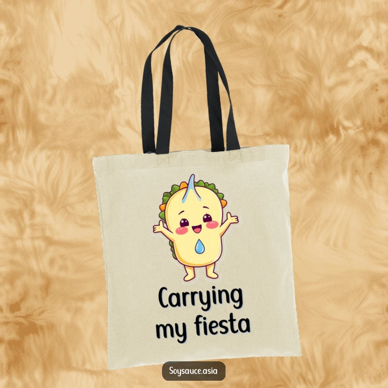 Funny tote bag with a cheerful taco character embracing a falling drop, ideal for shopping and carrying essentials.